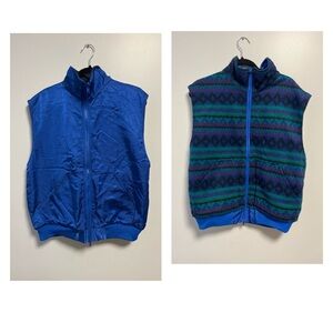 Vintage Reversible Fleece Vest Blue Tribal Pattern Fits Large